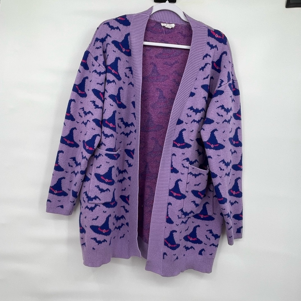 Magnolia Place purple witch hat halloween spooky novelty print viscose cardigan
